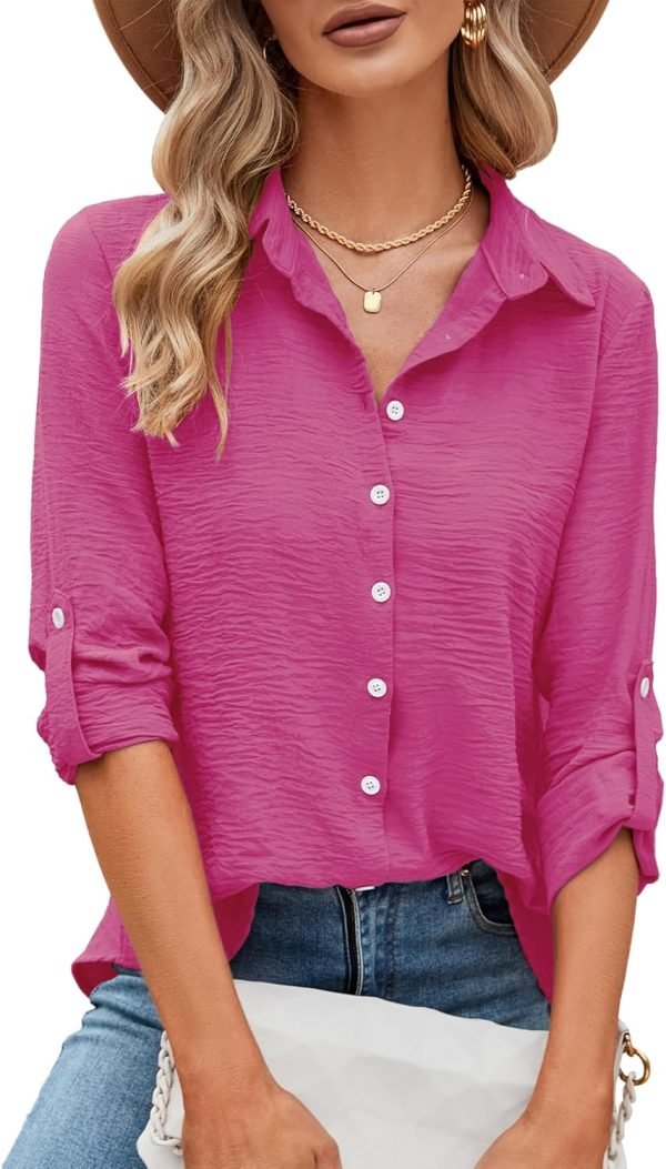 Womens Button Down Shirts V Neck Roll Up 3/4 Length Sleeve Tops Elegant Dressy Blouses Business Casual Outfits