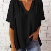 71y_ZiivXbL._AC_SL1500 Womens Chiffon Blouses Casual Solid Bell Sleeve Shirt Loose V Neck Pleated Tunic Tops