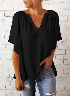71y_ZiivXbL._AC_SL1500 Womens Chiffon Blouses Casual Solid Bell Sleeve Shirt Loose V Neck Pleated Tunic Tops
