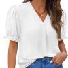 Women Dressy Casual Puff Short Sleeve Summer Tops V Neck Work Blouses