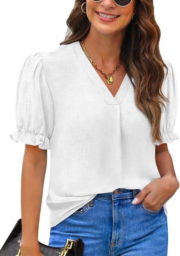 Women Dressy Casual Puff Short Sleeve Summer Tops V Neck Work Blouses