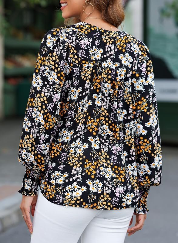 71yx-1wrvLL._AC Women's Casual V Neck Easel Floral Print Long Sleeve Blouses Smocked Button Down Shirts Bohemian Top
