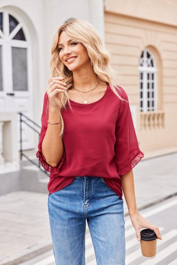 Womens 3/4 Ruffle Sleeve Tops Double Layer Chiffon Blouses Scoop Neck Flowy Tops Elegant Summer Shirt Tunic
