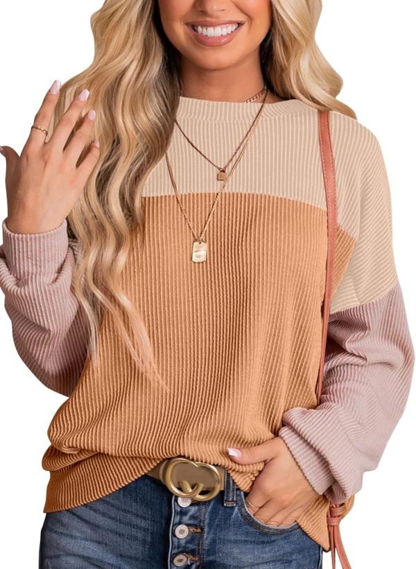Womens Fashion 2024 Color Block Long Sleeve Crewneck Knitted Casual Loose Pullover Shirts Tops