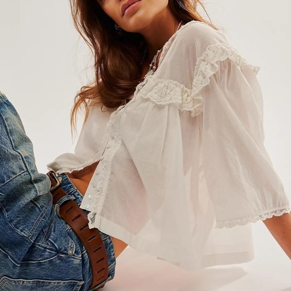 71zRQ_-2y0L._AC_SL1500 Women's Sexy Low Cut Chiffon Shirt 3/4 Sleeve V Neck Sheer Button Down Blouse Cute Ruffle Lace Trim Top