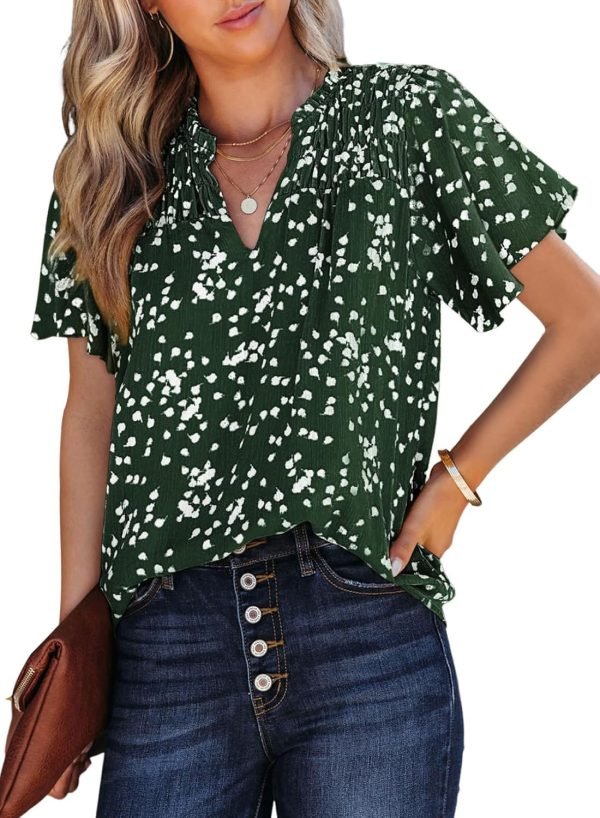 Women's Casual V Neck Floral Print Smocked Short Sleeve Chiffon Blouses Bohemian Top Shirts