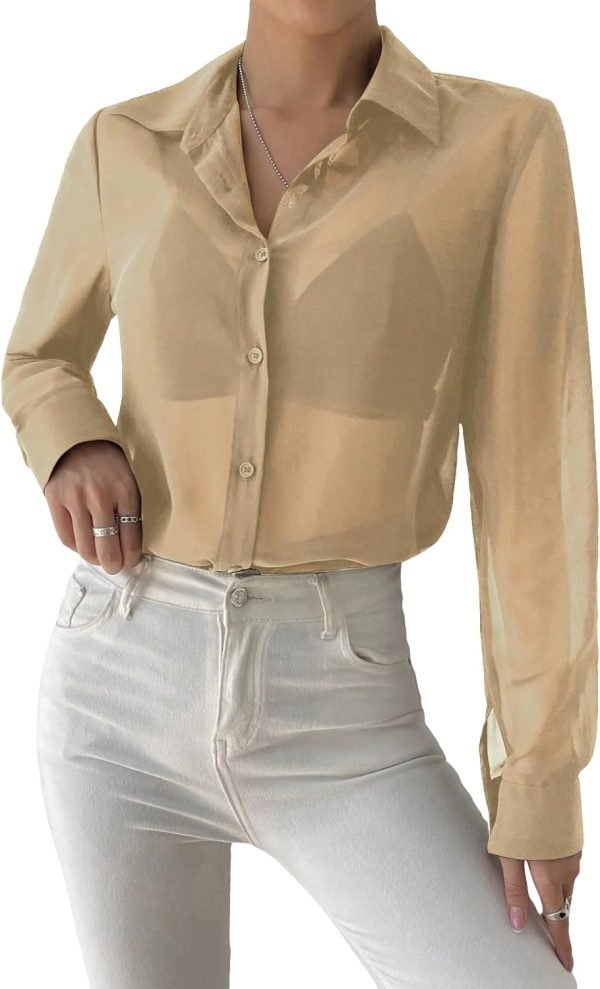 71zyG3HndXL._AC_SL1500 Women's Sheer Mesh Button Up Shirt Long Sleeve See Through Blouse