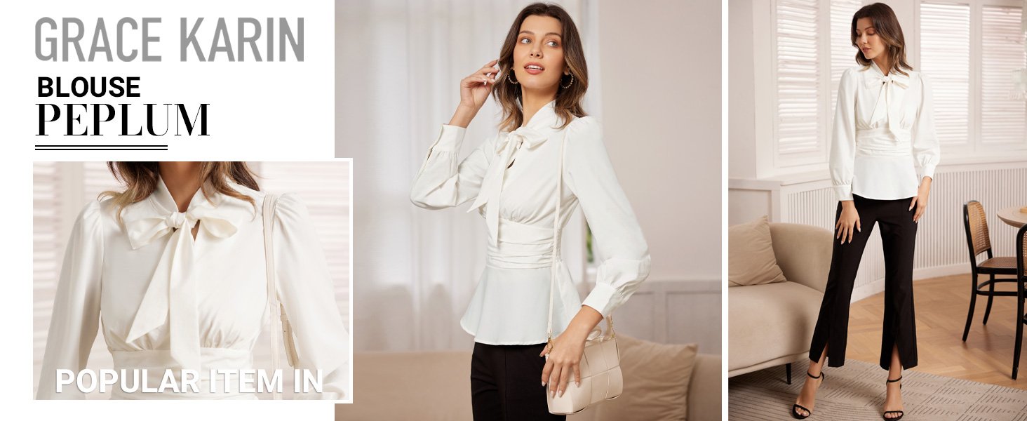 GRACE KARIN Women's Office Bow Tie Blouse Puff Sleeve Peplum Dressy Shirt Smocked Waist