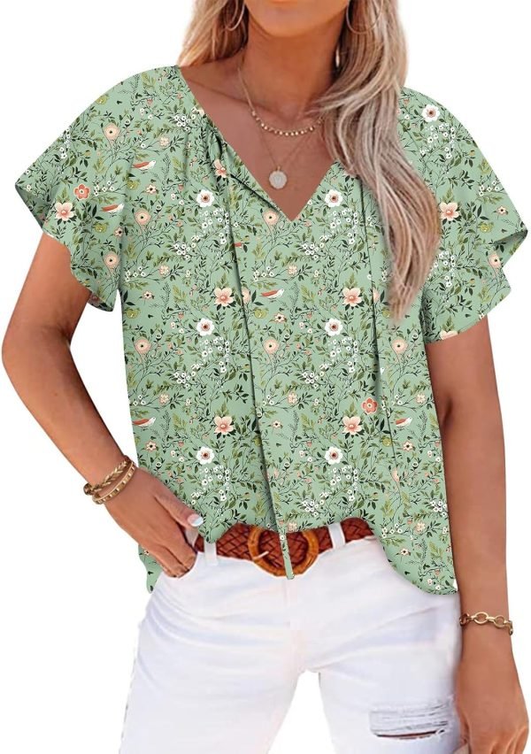 Womens 2024 Summer Tunic Tops Casual Short Sleeve Blouses V Neck Dressy Chiffon Boho Tshirts