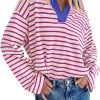 81-aQtKR0GL._AC_SL1500 Womens Striped Long Sleeve Shirts 2024 Casual V Neck Oversized Sweatshirt Loose Fit Tunic Tops Fall Blouses