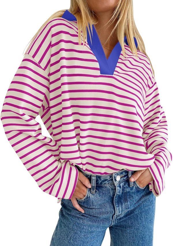81-aQtKR0GL._AC_SL1500 Womens Striped Long Sleeve Shirts 2024 Casual V Neck Oversized Sweatshirt Loose Fit Tunic Tops Fall Blouses