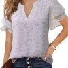 Womens Dressy Chiffon Blouses Summer Puff Petal Short Sleeve Shirts V Neck Casual Work Tops