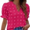 Womens Puff Sleeve Summer Tops Chiffon Short Sleeve Blouses White V Neck Pom Pom Shirts