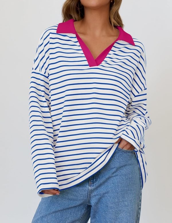810T2Oe1nkL._AC_SL1500 Womens Striped Long Sleeve Shirts 2024 Casual V Neck Oversized Sweatshirt Loose Fit Tunic Tops Fall Blouses