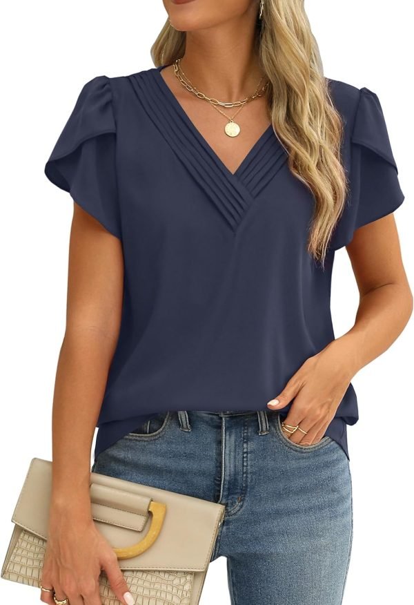 Womens Tops Dressy Casual V Neck Ruffle Short Sleeve Blouse Business Casual Tops Chiffon Flowy Shirt Cute Summer Tops