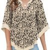 Womens 3/4 Sleeve Chiffon Blouses V Neck Double Layers Mesh Shirts Dressy Flowy Tunic Tops (M-5XL)