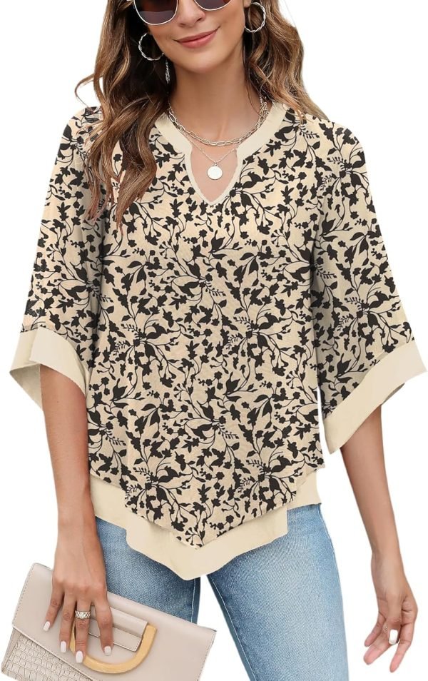 Womens 3/4 Sleeve Chiffon Blouses V Neck Double Layers Mesh Shirts Dressy Flowy Tunic Tops (M-5XL)