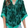 Womens 3/4 Sleeve Chiffon Blouses V Neck Double Layers Mesh Shirts Dressy Flowy Tunic Tops (M-5XL)