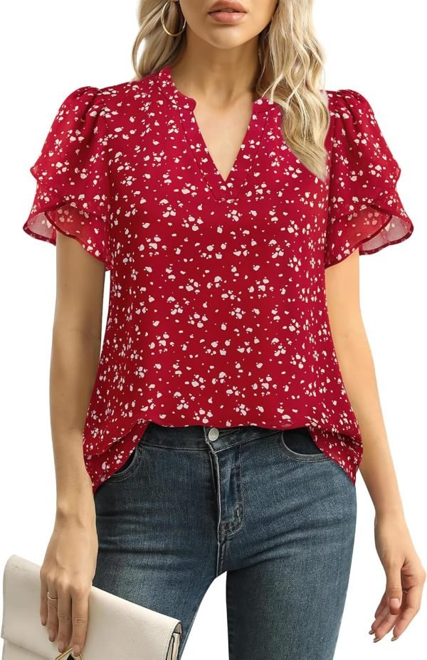 Womens Dressy Chiffon Blouses Summer Puff Petal Short Sleeve Shirts V Neck Casual Work Tops