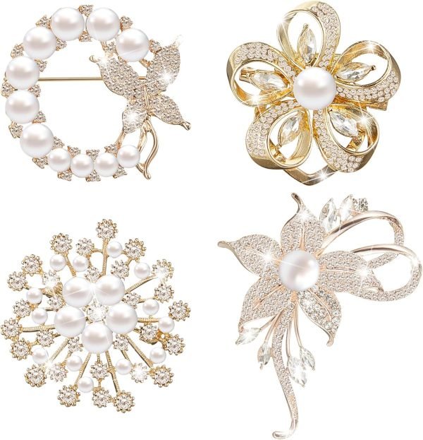 4Pcs Women's Brooch Pin Lapel Heart Brooch Simulated Crystal Pearl Rhinestone Flower Brooches for Women Bridal Wedding