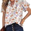 Women's Casual V Neck Floral Print Smocked Short Sleeve Chiffon Blouses Bohemian Top Shirts