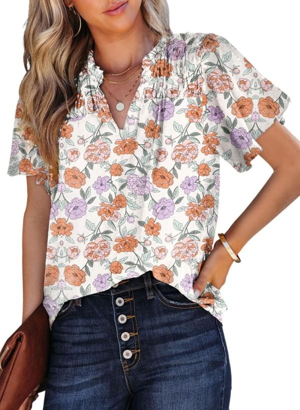 Women's Casual V Neck Floral Print Smocked Short Sleeve Chiffon Blouses Bohemian Top Shirts