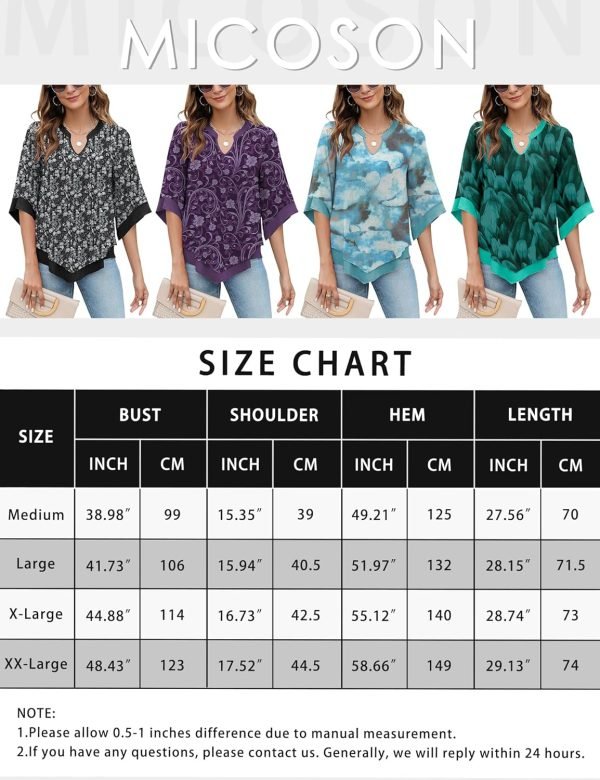 Womens 3/4 Sleeve Chiffon Blouses V Neck Double Layers Mesh Shirts Dressy Flowy Tunic Tops (M-5XL)