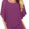 Women's Lightweight Flowy Shirt Double-Layered Printed Chiffon Poncho Blouse Top