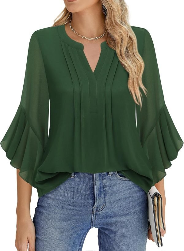 Women's 3/4 Sleeve Tops Dressy Casual Business Work Blouses Chiffon Office Shirts