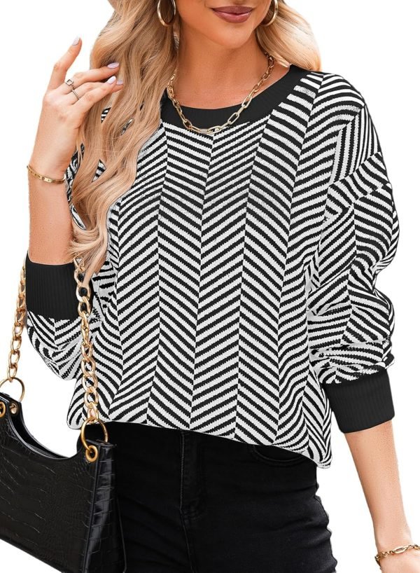 813QkjMVzdL._AC_SL1500 Women's Crewneck Cute Sweaters 2024 Striped Colorblock Fall Winter Knitted Pullover Tops