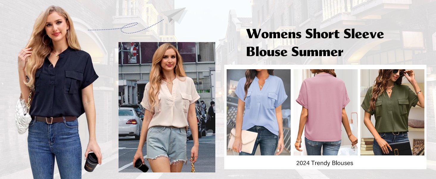 Short Sleeve Casual Button Down V Neck Shirts For Summer Spring Work Tops