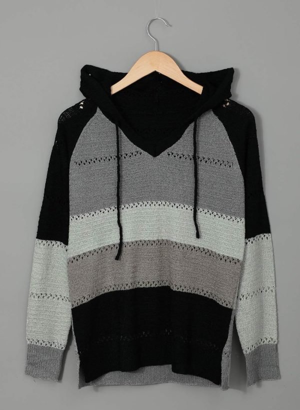 Women Color Block Hooded Crochet Striped Sweaters Lightweight Drawstring Hoodies Pullover Trendy Sweatshirts