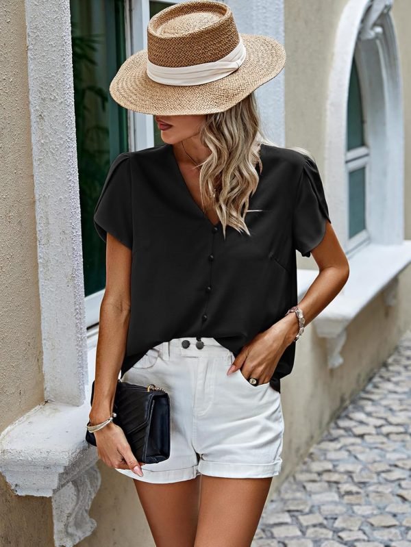 Short Sleeve Blouses for Women 2024 Summer Western Chiffon Shirts Dressy Casual Pearl Tops