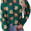 Women's Casual Maple Leaf Print Crewneck Knit Sweater 2024 Fall Winter Fashion Long Sleeve Graphic Loose Jumpers Tops