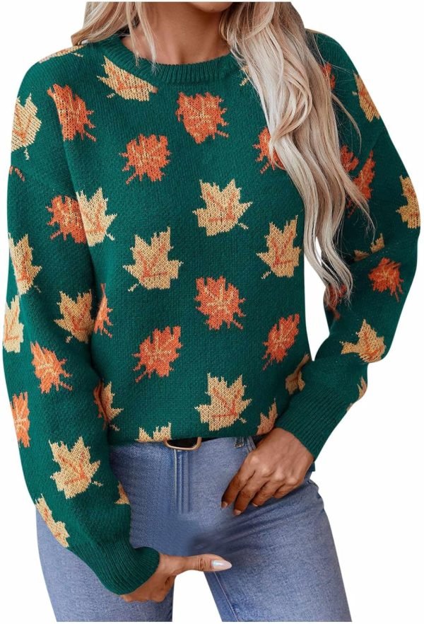Women's Casual Maple Leaf Print Crewneck Knit Sweater 2024 Fall Winter Fashion Long Sleeve Graphic Loose Jumpers Tops