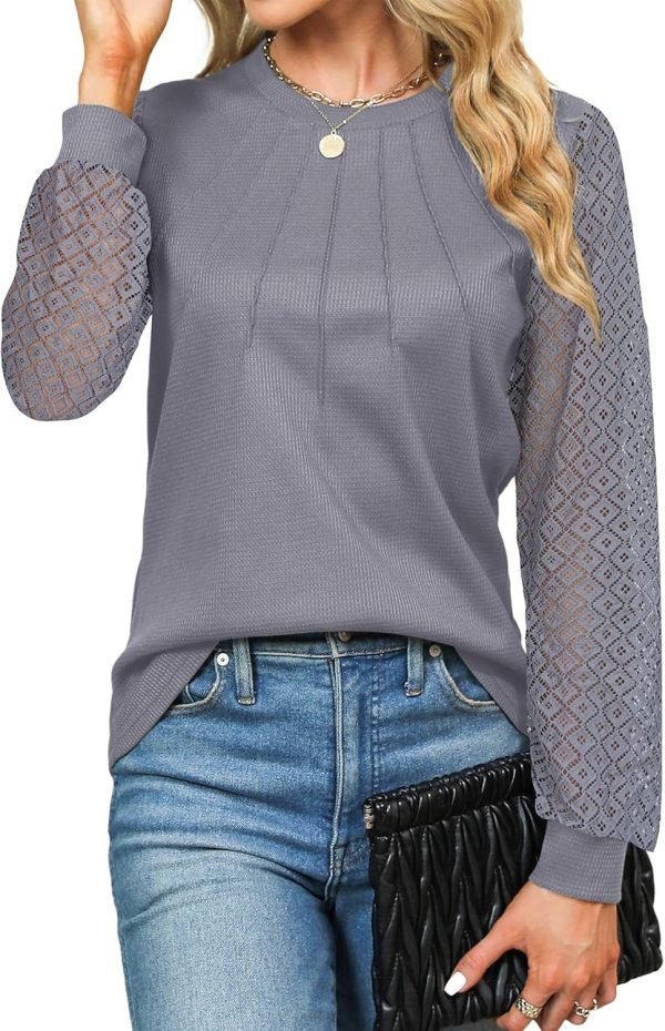 Women's Waffle Knit Tops Dressy Business Casual Blouses Lace Long Sleeve Work Shirts Fall Clothes