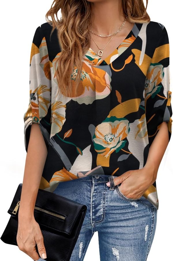 U.Vomade Women's 3/4 Cuffed Sleeve Chiffon V Neck Casual Shirts for Women S-XL