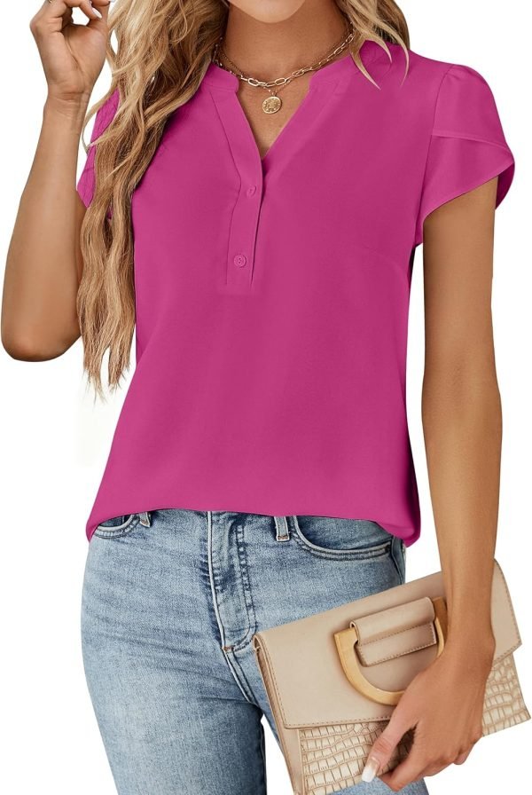 Womens Dressy Casual Tops Business Casual Cap Sleeve Work Blouses Chiffon V Neck Button Down Shirts