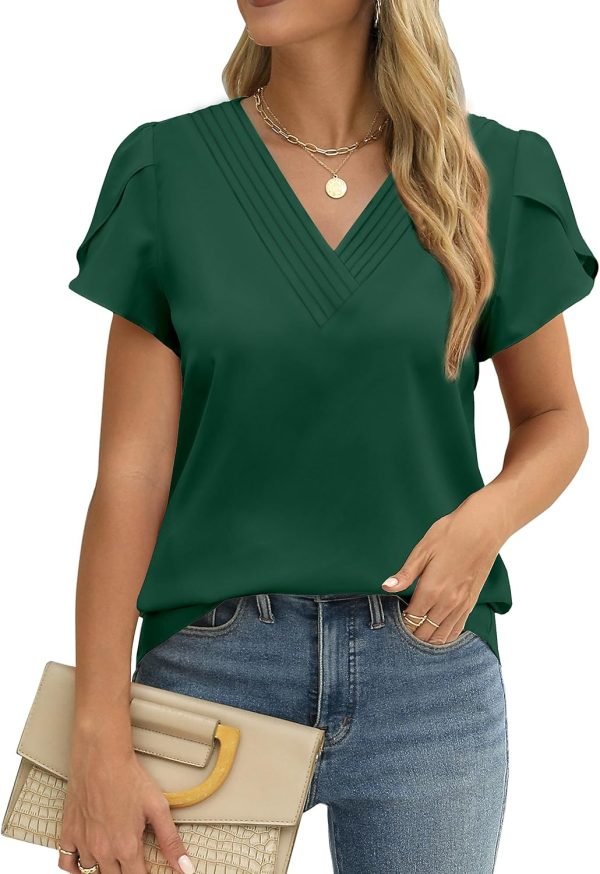 Womens Tops Dressy Casual V Neck Ruffle Short Sleeve Blouse Business Casual Tops Chiffon Flowy Shirt Cute Summer Tops