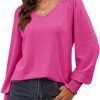 Women's Casual Long Sleeve Tops Shirred Shoulders Solid Color Knit Ribbed T Shirts Blouses