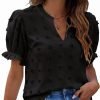 Womens Puff Sleeve Summer Tops Chiffon Short Sleeve Blouses White V Neck Pom Pom Shirts