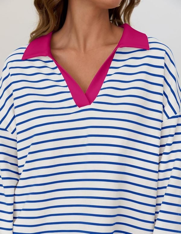 8167mFIn2YL._AC_SL1500 Womens Striped Long Sleeve Shirts 2024 Casual V Neck Oversized Sweatshirt Loose Fit Tunic Tops Fall Blouses