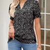 Womens Fashion Blouses Notched V Neck Puffer Short Sleeve Shirt Polka Dot Tops Chiffon Dressy Shirts