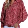 Women 2024 Loose V-Neck Shirts Paisley Print Lantern Sleeve Blouse Tops