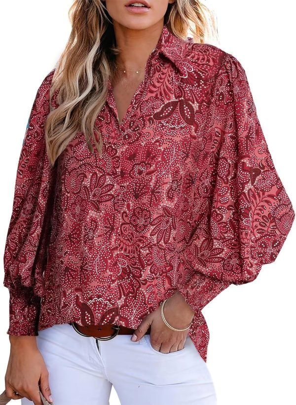 Women 2024 Loose V-Neck Shirts Paisley Print Lantern Sleeve Blouse Tops
