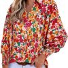 Women 2024 Loose V-Neck Shirts Paisley Print Lantern Sleeve Blouse Tops