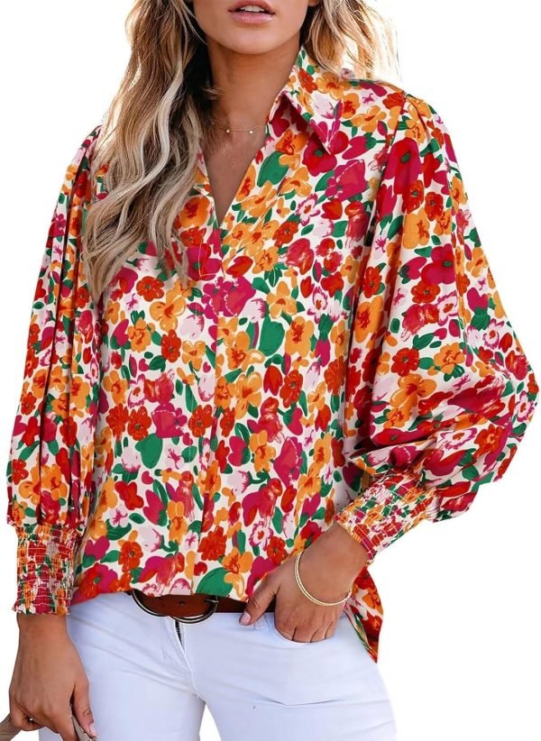 Women 2024 Loose V-Neck Shirts Paisley Print Lantern Sleeve Blouse Tops
