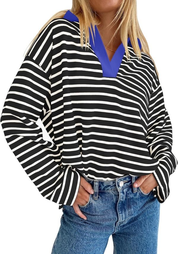 817QQ3x3S2L._AC_SL1500 Womens Striped Long Sleeve Shirts 2024 Casual V Neck Oversized Sweatshirt Loose Fit Tunic Tops Fall Blouses