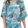 Womens 3/4 Sleeve Chiffon Blouses V Neck Double Layers Mesh Shirts Dressy Flowy Tunic Tops (M-5XL)