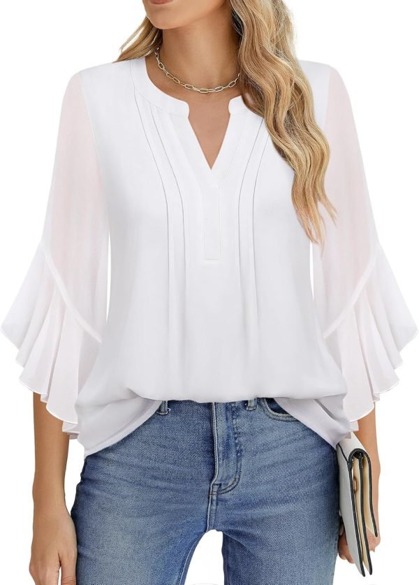 Women's 3/4 Sleeve Tops Dressy Casual Business Work Blouses Chiffon Office Shirts